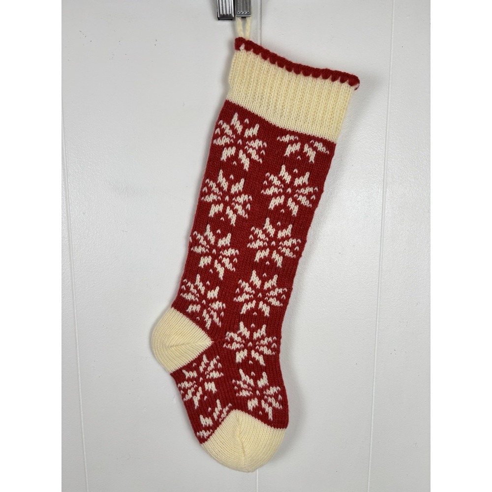 Hand Knit Christmas Stocking Fair Isle Snowflakes Wool Red and Cream